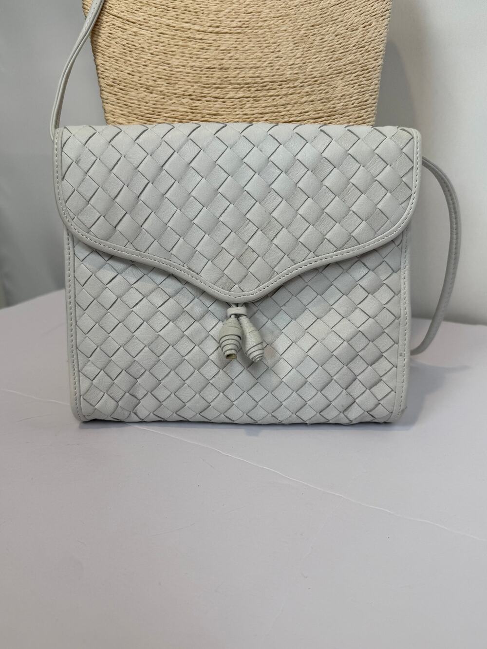Aspects Vintage Womens Woven Leather Crossbody Bag White Intrecciato Style